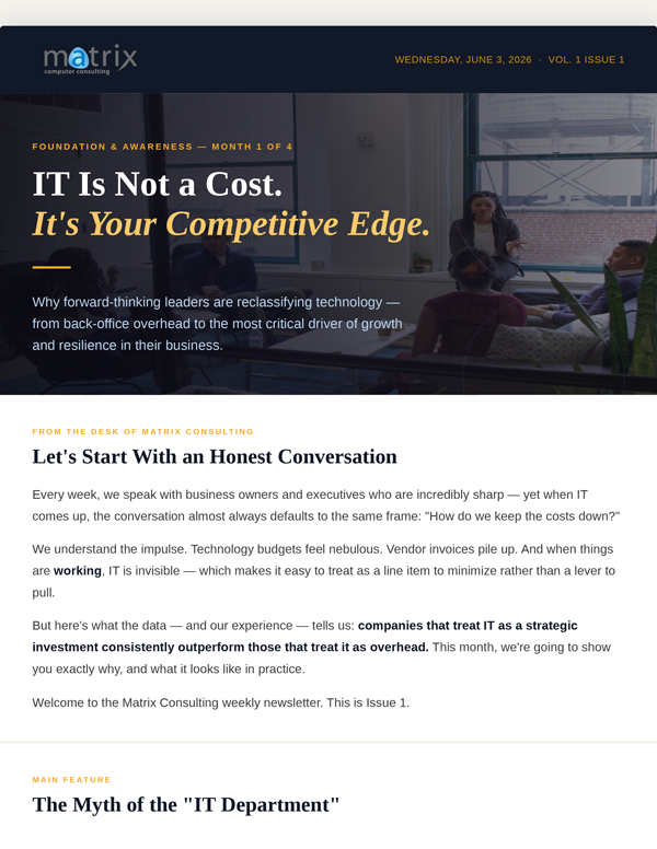 Matrix Computer Consulting weekly newsletter Issue 1 cover